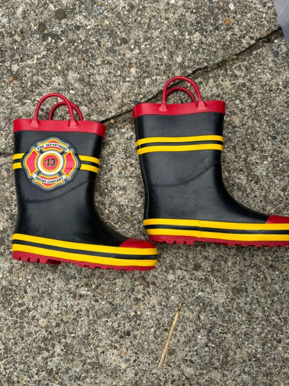 Kids Black & Red Firefighter Rain Boots with Yellow Stripes